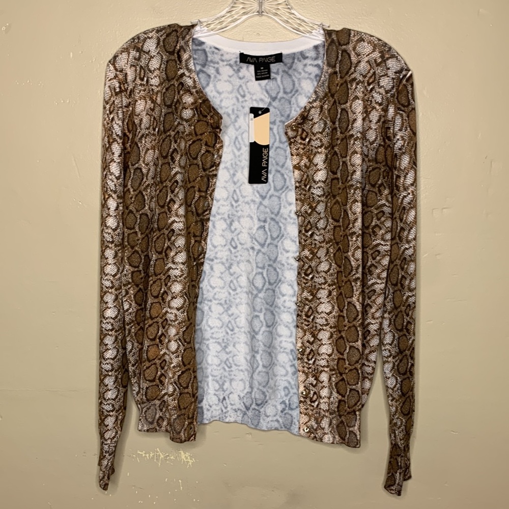 AVA PAIGE Cardigan Tan Cream Snakeskin Print Decorative Buttons Crewneck